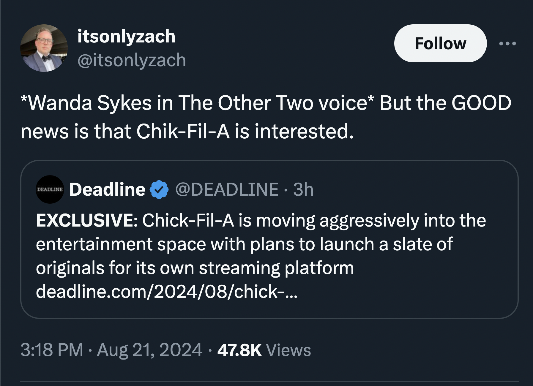 screenshot - itsonlyzach Wanda Sykes in The Other Two voice But the Good news is that ChikFilA is interested. Deadline Deadline 3h Exclusive ChickFilA is moving aggressively into the entertainment space with plans to launch a slate of originals for its ow